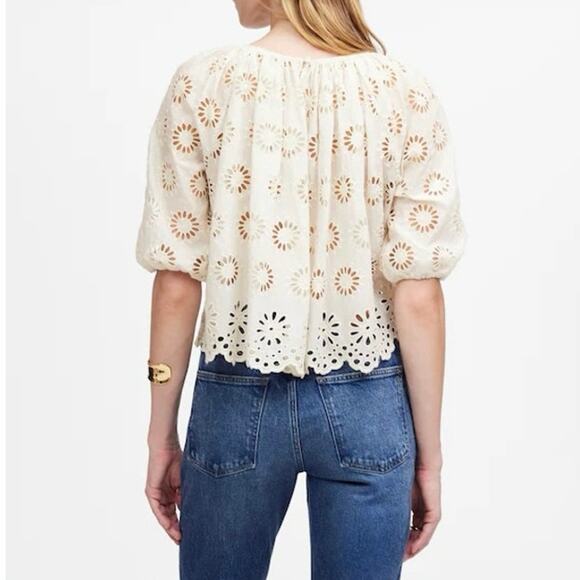 NWT Madewell Embroidered Shirred Puff-Sleeve Top In Floral Eyelet Ivory Size XXS - Picture 2 of 10
